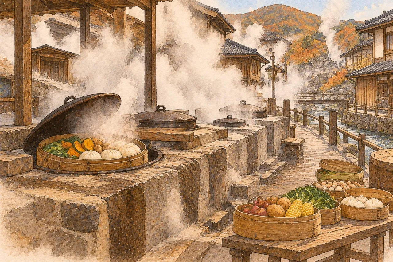 Baskets of vegetables and buns steaming over vents in a stone cooker on a hot spring street