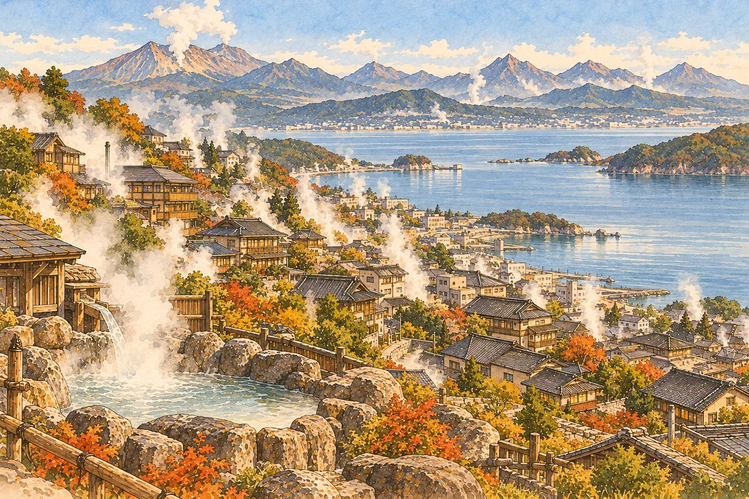 Illustration of a steaming hillside town above a bay, volcanic mountains behind