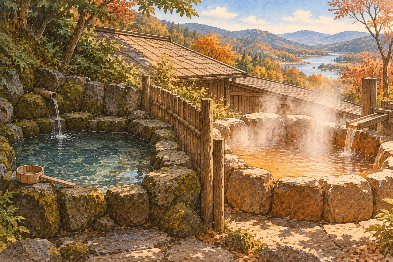 Two empty stone baths side by side in a garden, one clear and one rust brown