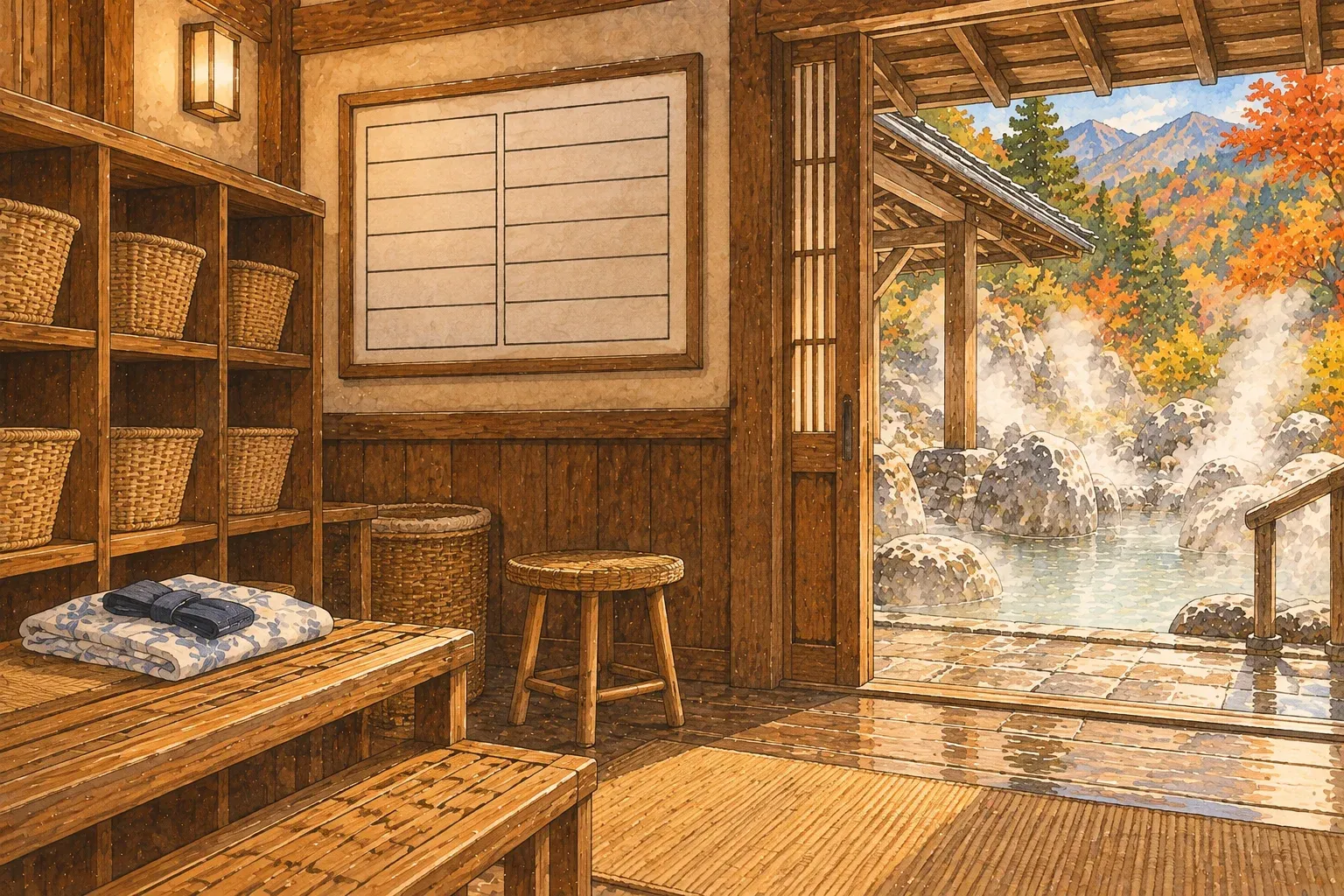 Illustration of a wooden changing room with baskets and a folded yukata, the door open onto a steaming outdoor bath