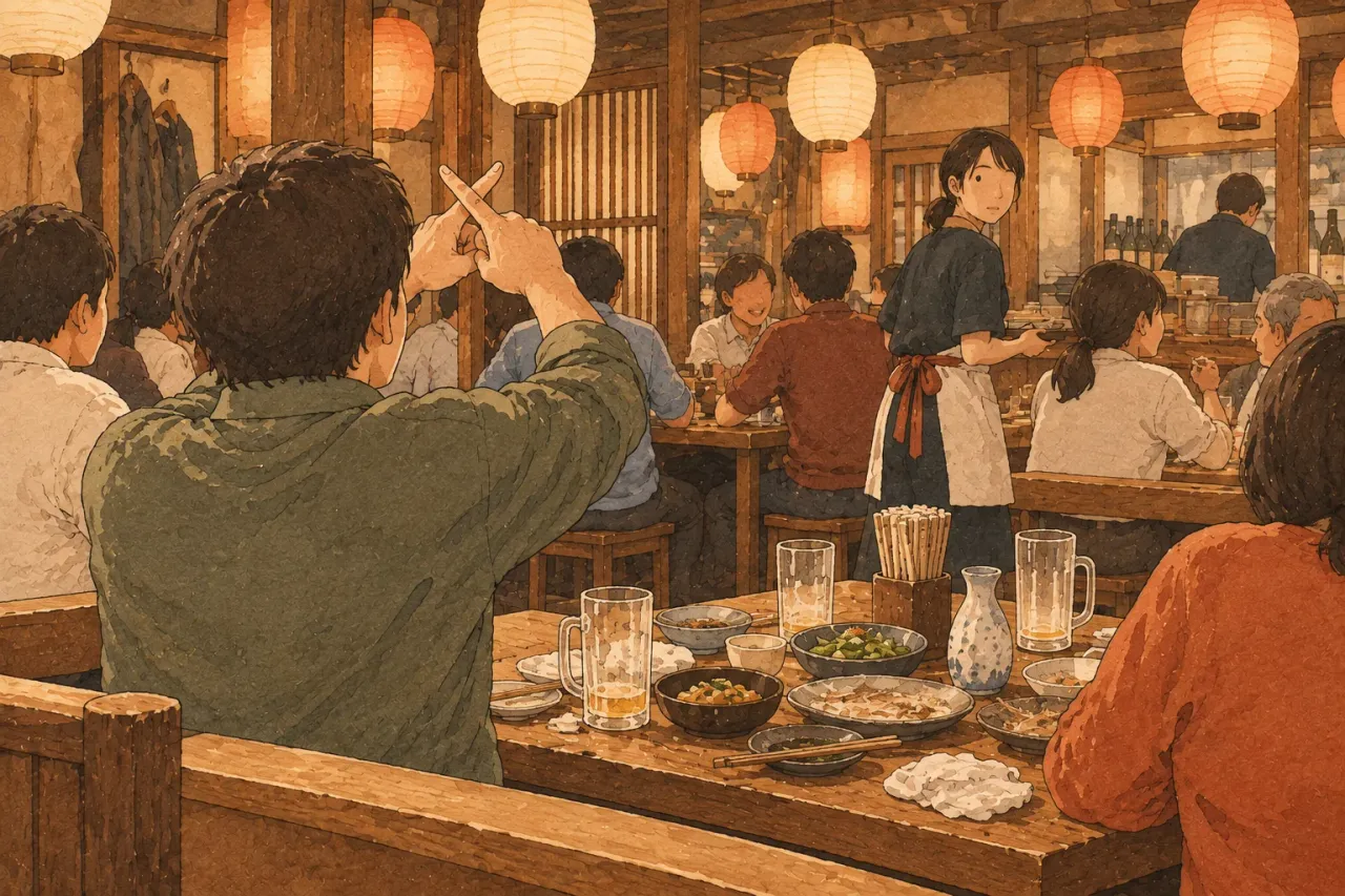 A diner raising a hand to a server across a busy izakaya