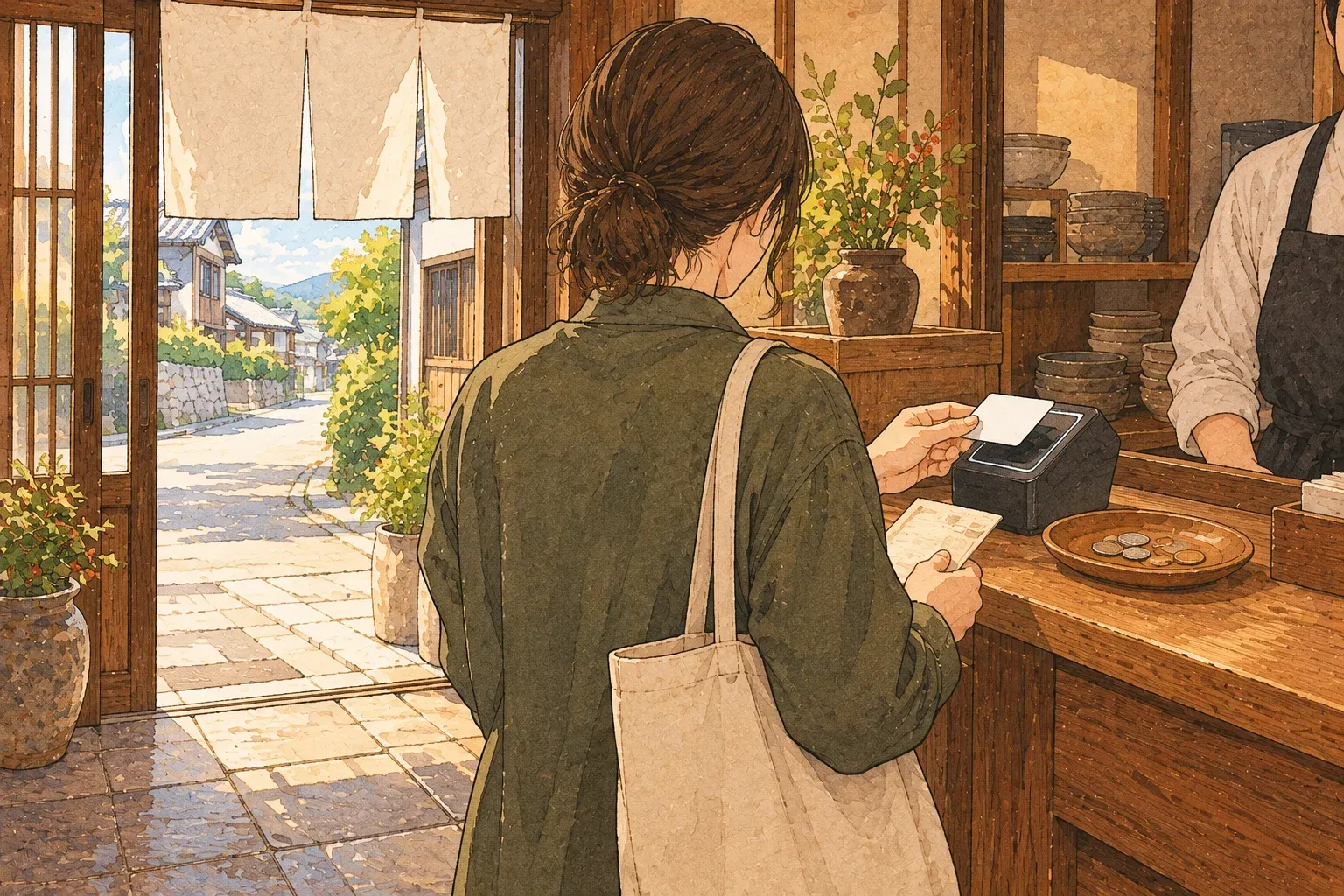 Illustration of a customer paying at a small register by the door of a restaurant, a coin tray on the counter