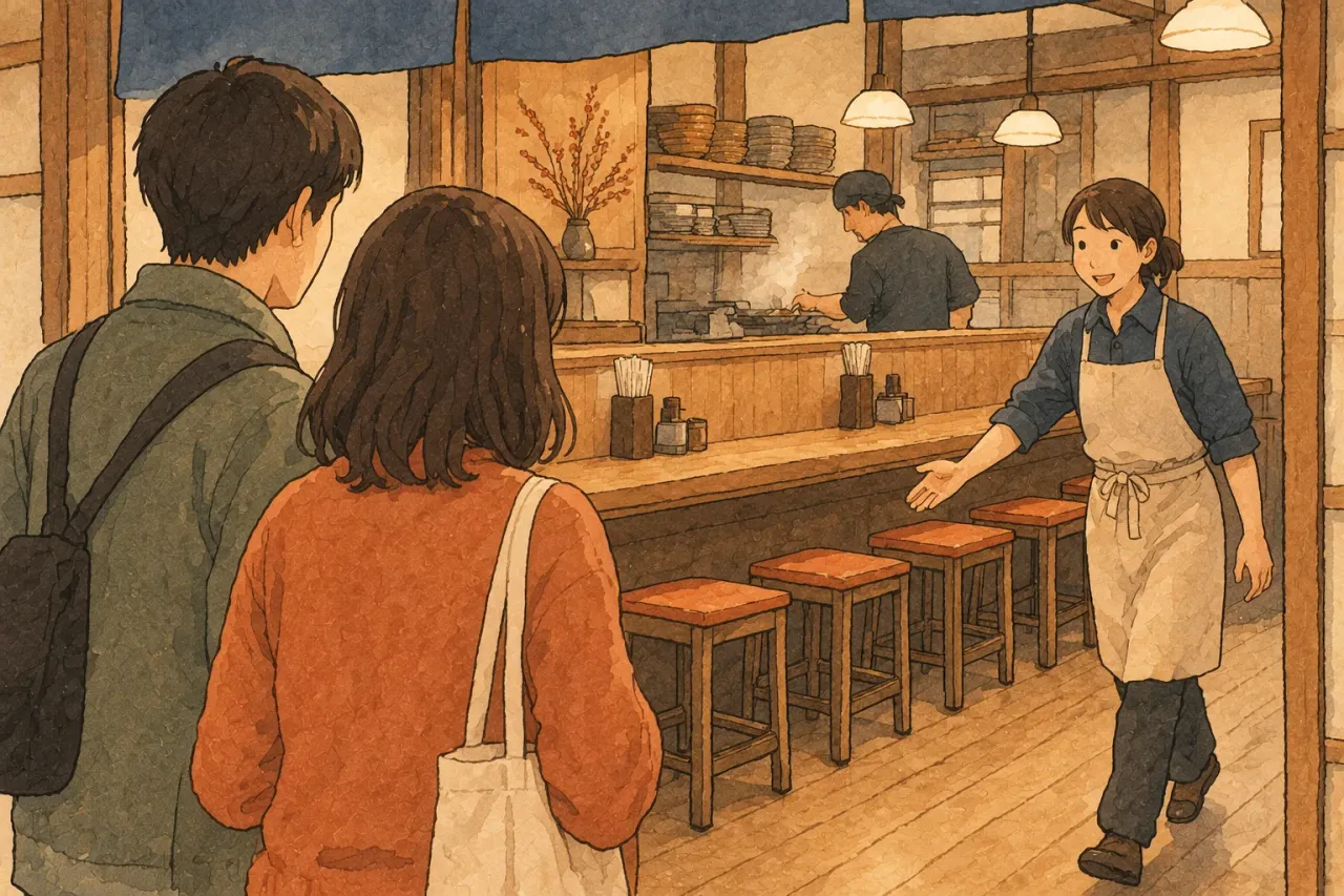 A server showing a couple to stools at a counter
