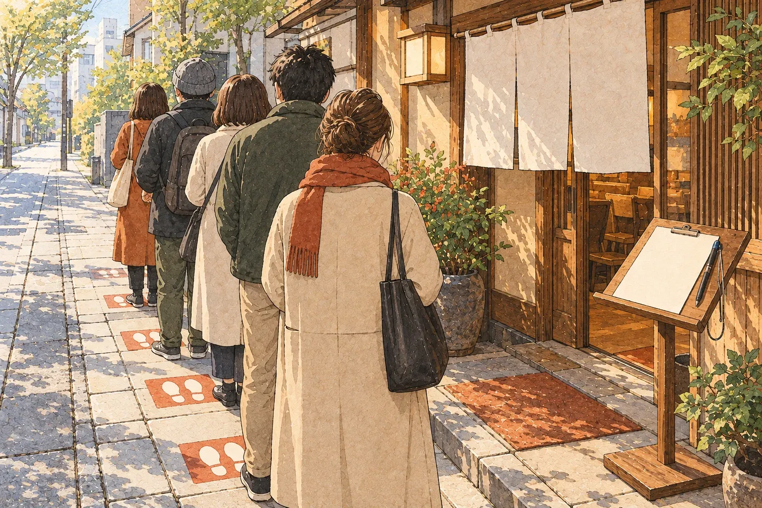 Illustration of people queueing on marked spots outside a restaurant, a clipboard on a stand by the door