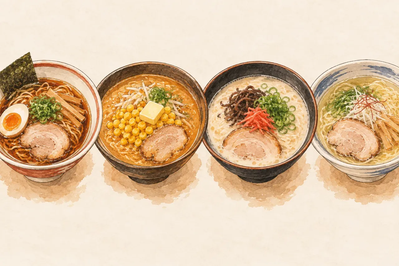 Four ramen bowls in a row: a clear soy broth, miso with corn and butter, a milky pork-bone broth and a pale salt broth