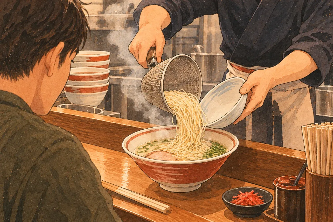 A cook dropping a fresh portion of thin noodles from a strainer into a customer's remaining soup