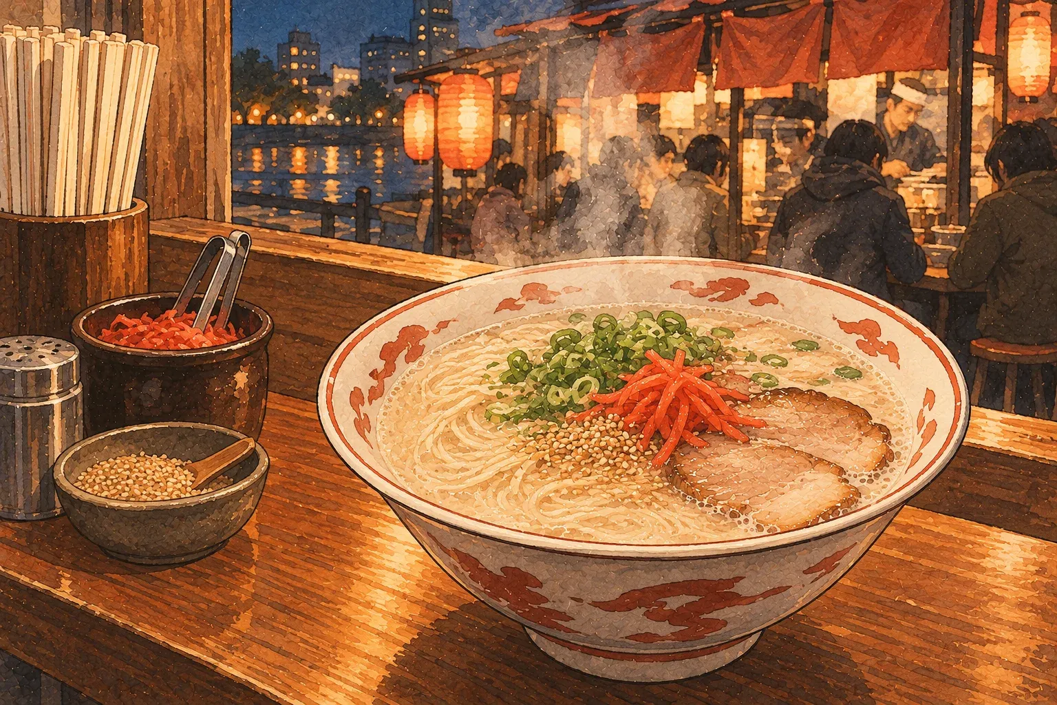 Illustration of a bowl of Hakata ramen with thin noodles in white pork-bone broth, red pickled ginger and sesame on the counter, stalls by the river at night behind