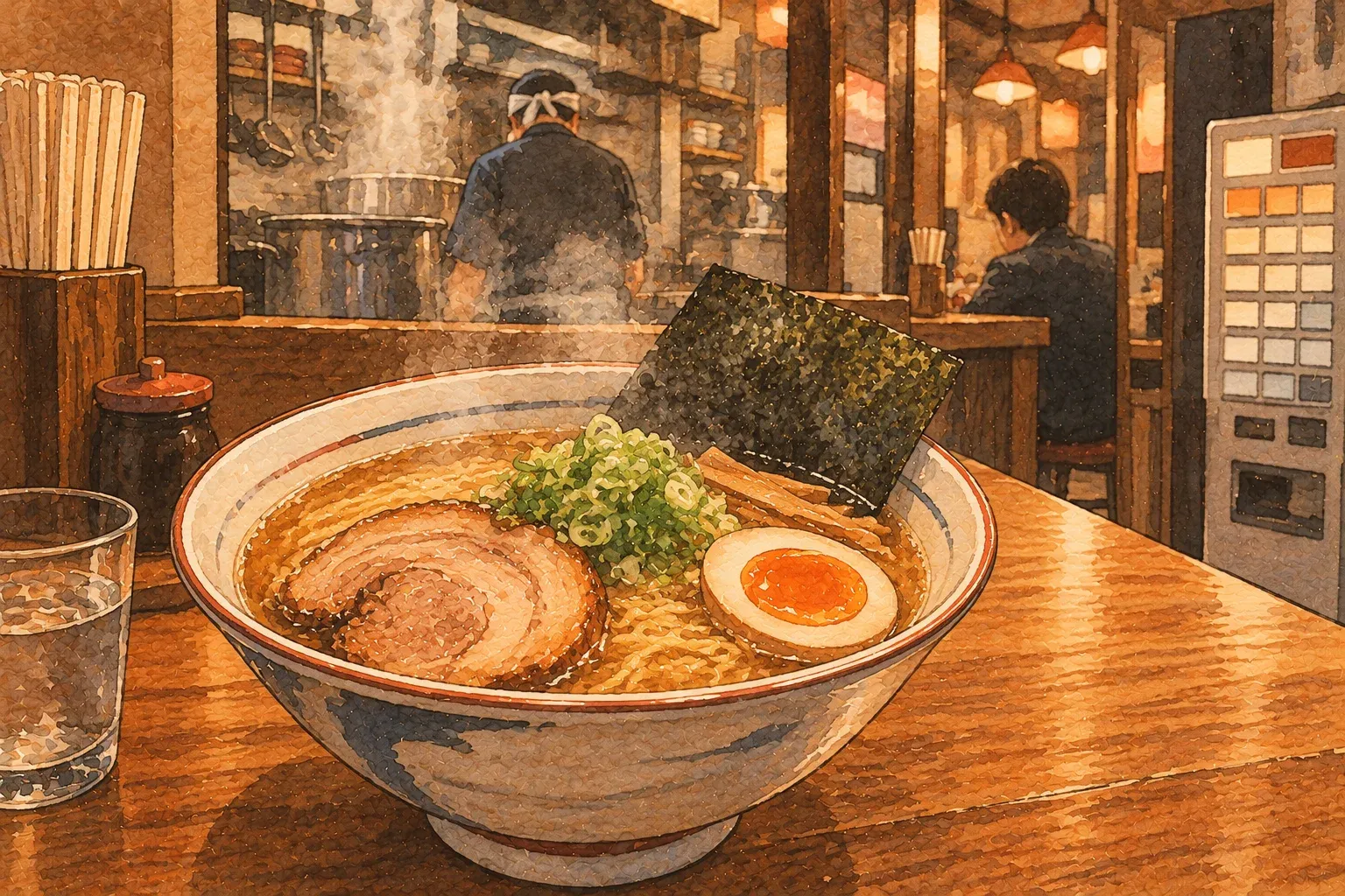 Illustration of a bowl of ramen with chashu, a soft egg, nori and green onion at a counter, a ticket machine on the wall behind