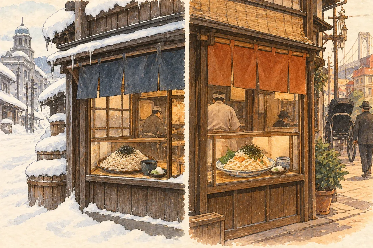 Two old restaurant fronts side by side, one in snow and one on a city street, each with a plate of chilled noodles in the window