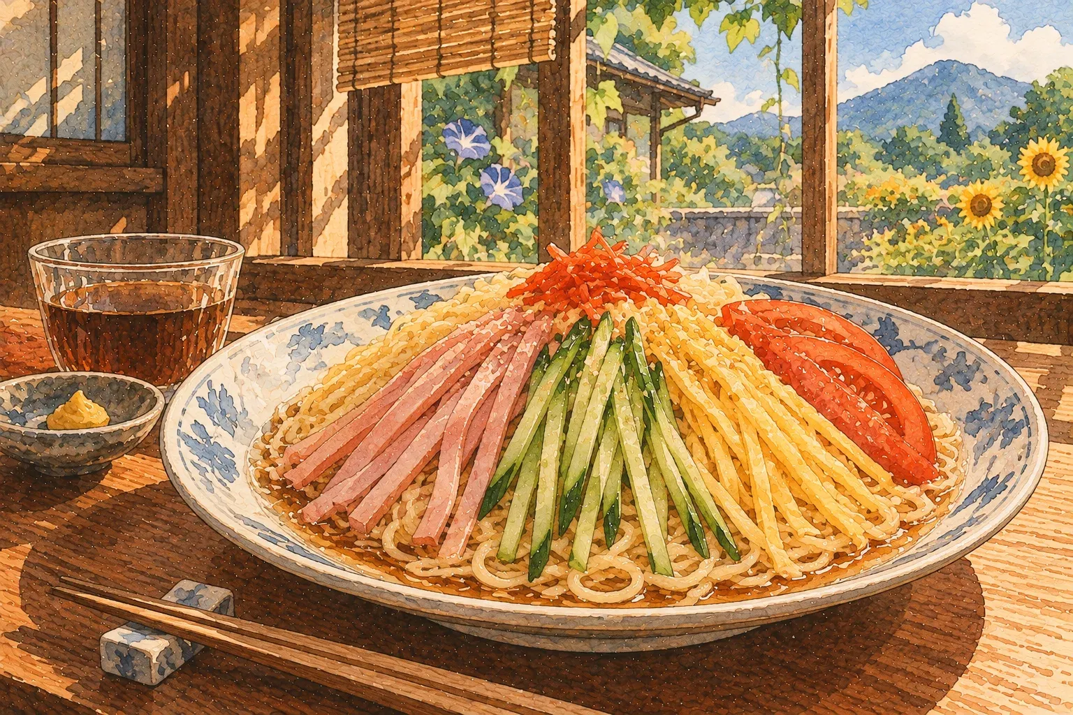 Illustration of chilled noodles topped with strips of ham, cucumber, egg and tomato, a summer garden outside