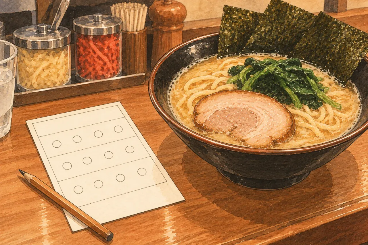 A blank order slip with three rows of circles and a pencil, beside a bowl of iekei ramen