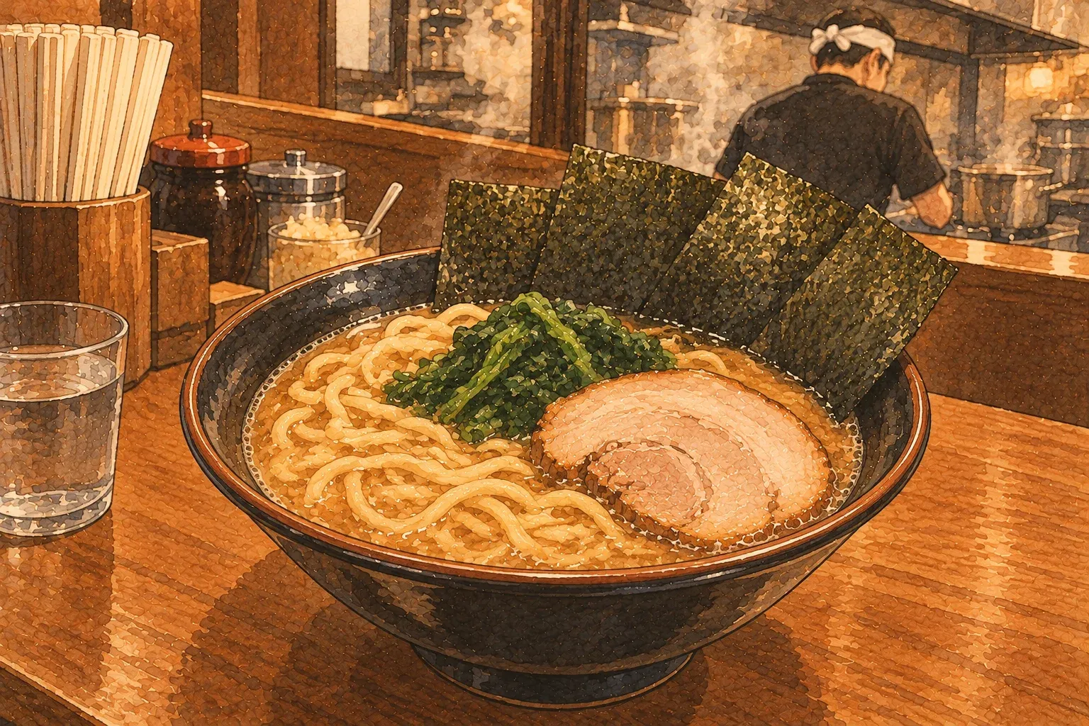 Illustration of a bowl of iekei ramen with thick noodles, spinach, chashu and sheets of nori standing at the rim
