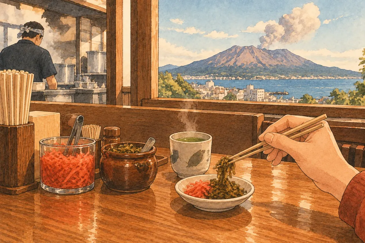 A diner picking up pickles with chopsticks while waiting, a cup of green tea beside them and Sakurajima smoking through the window