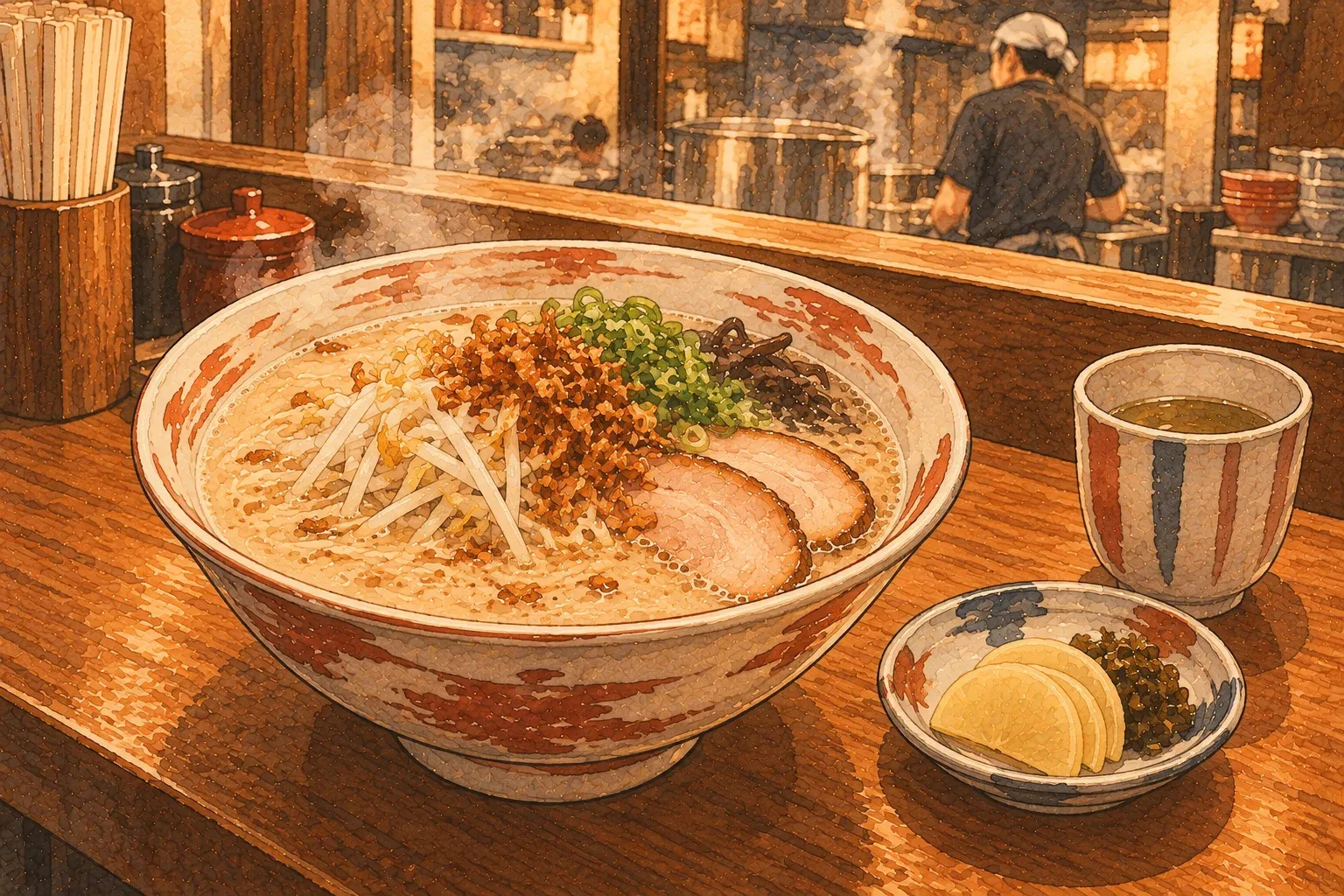 Illustration of a bowl of Kagoshima ramen with bean sprouts and fried onion, a cup of tea and a dish of pickled daikon beside it
