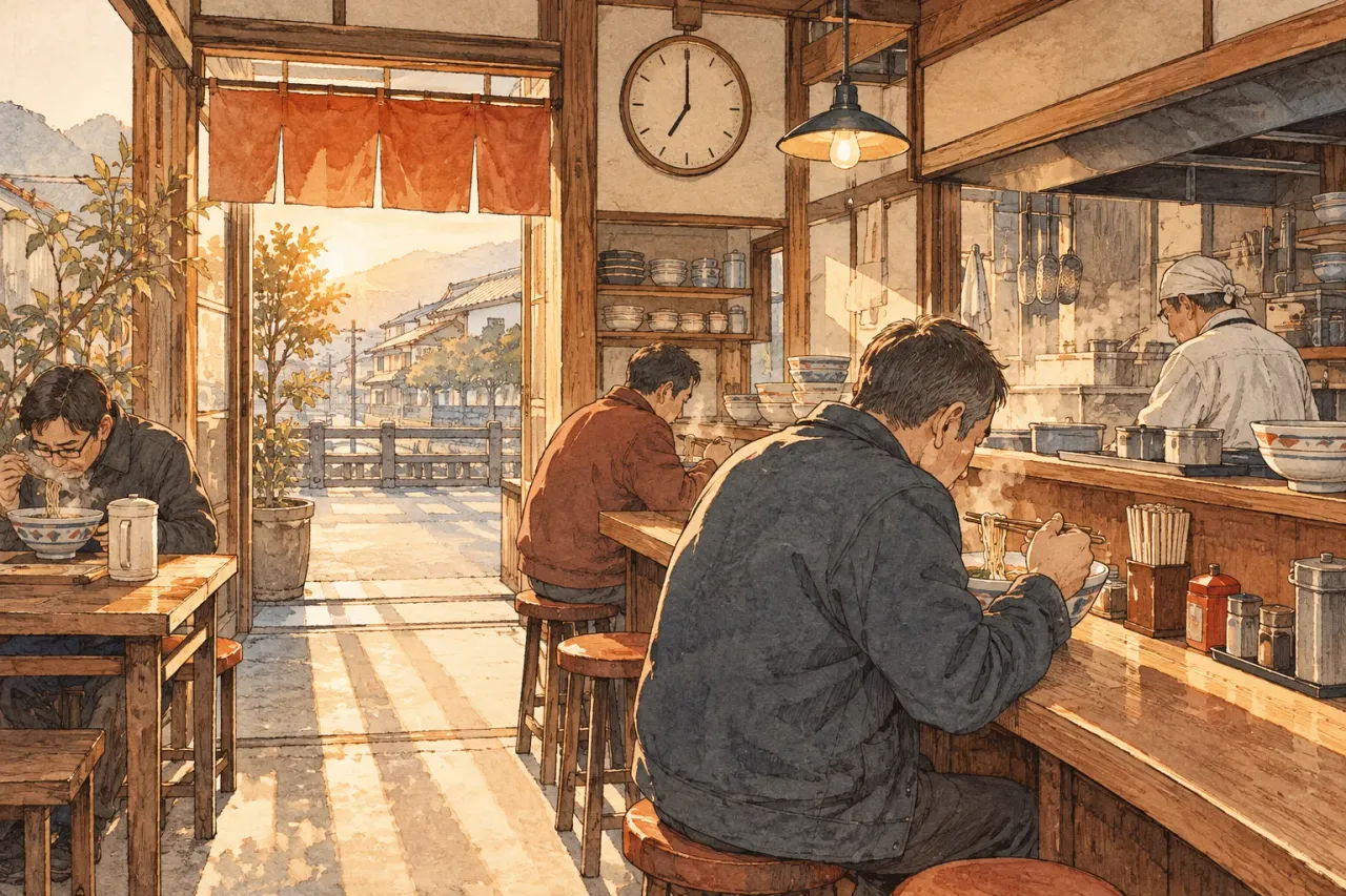A few customers eating ramen in a small shop in early morning light, a clock on the wall near seven