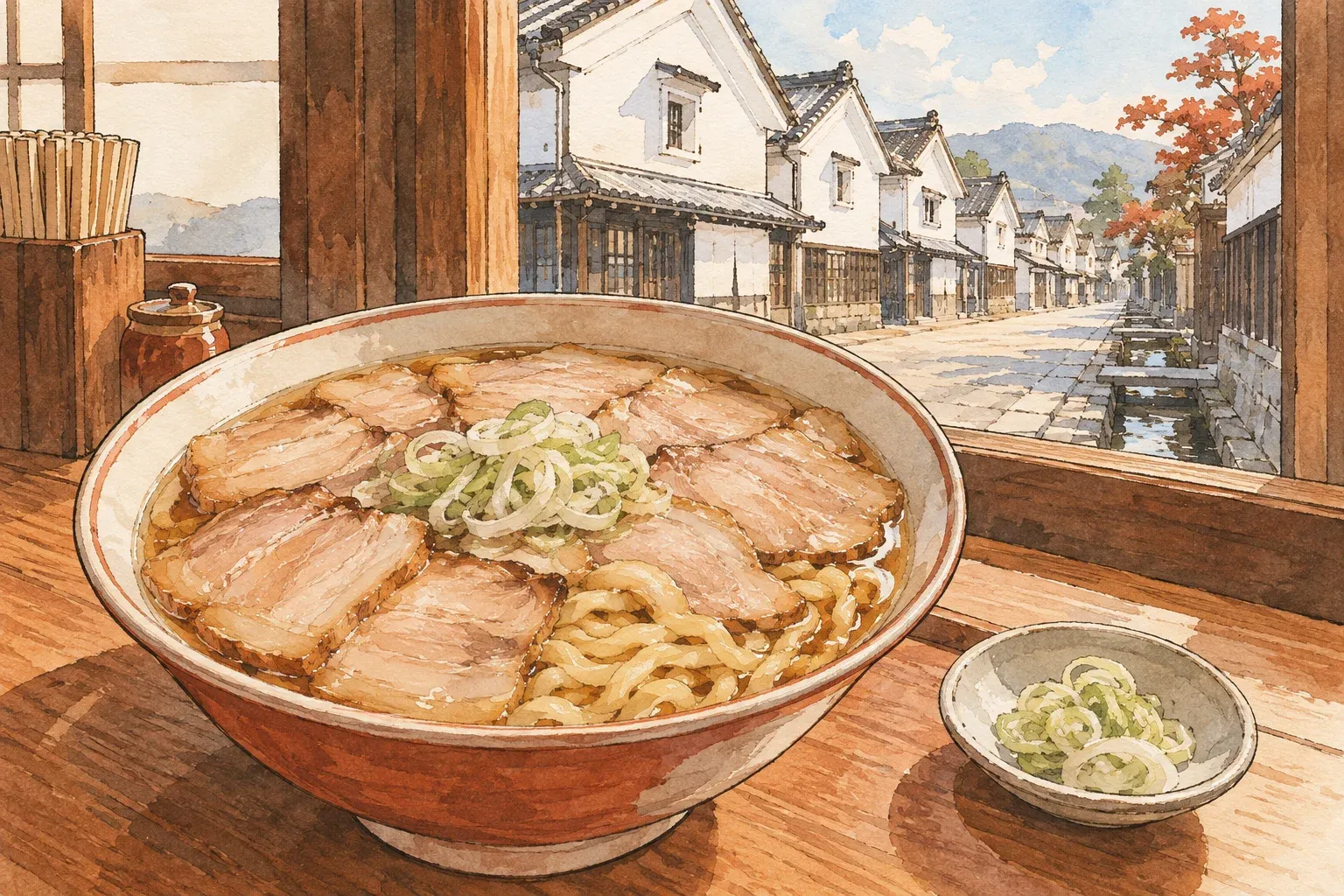Illustration of a bowl of Kitakata ramen covered in chashu, a street of white-walled storehouses outside the window
