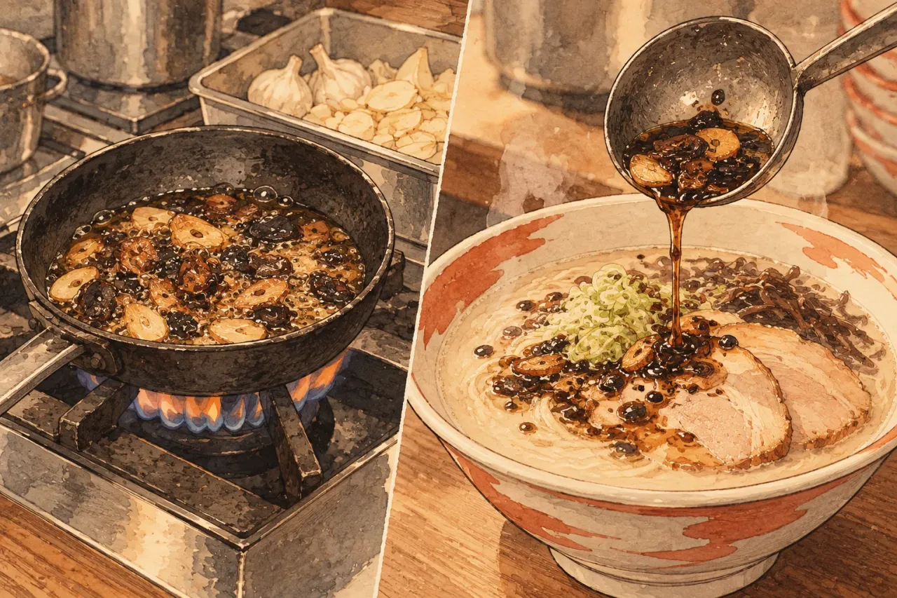 Garlic frying dark in a small pan of oil, then the black oil ladled over a bowl of pale pork-bone ramen