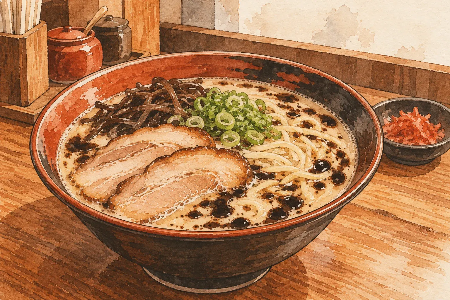 Illustration of a bowl of Kumamoto ramen in milky broth, dark garlic oil spotted over the surface, with chashu and wood ear mushroom