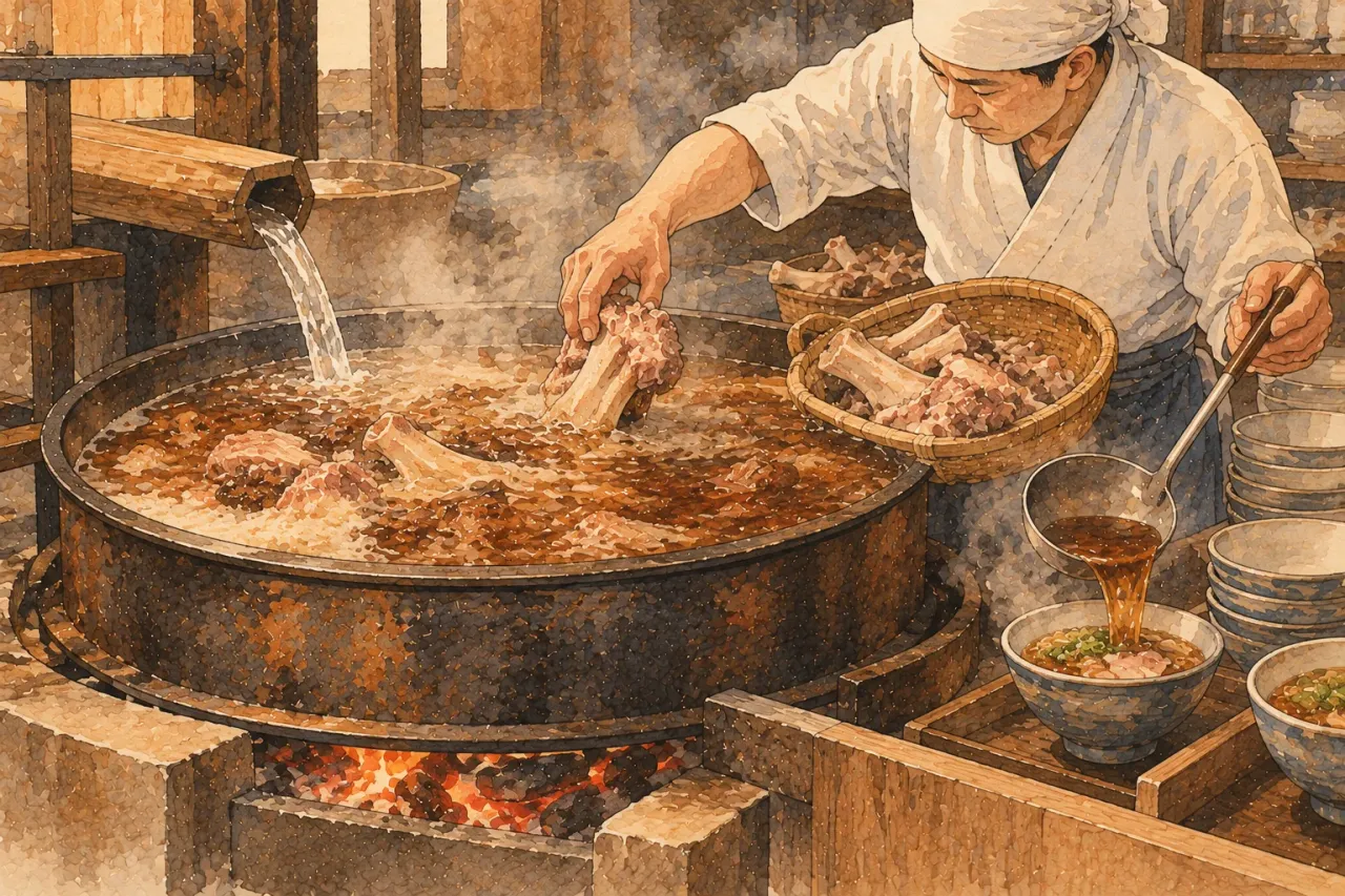 A cook adding fresh bones to an old cauldron of broth over a fire, water running in, a bowl being filled beside it