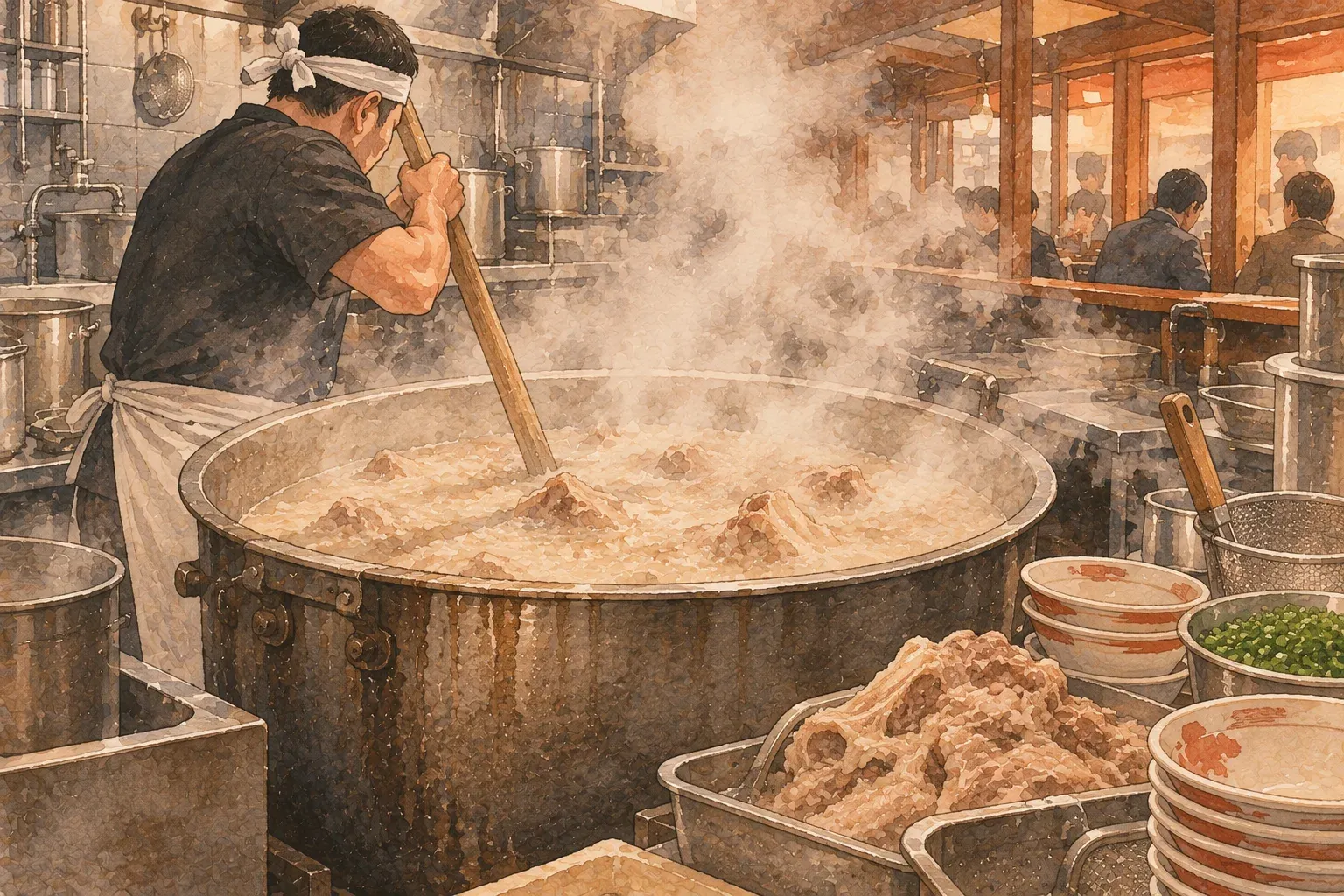 Illustration of a cook stirring a huge steaming cauldron of pork-bone broth with a long paddle in a ramen kitchen