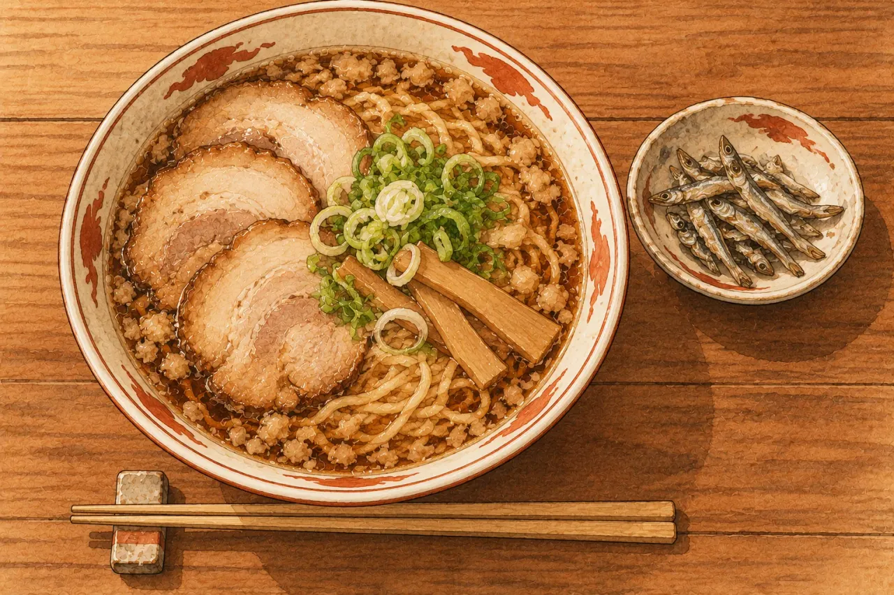 A bowl of soy ramen with pork, bamboo shoots and bits of pork fat on the soup, a dish of small dried fish beside it