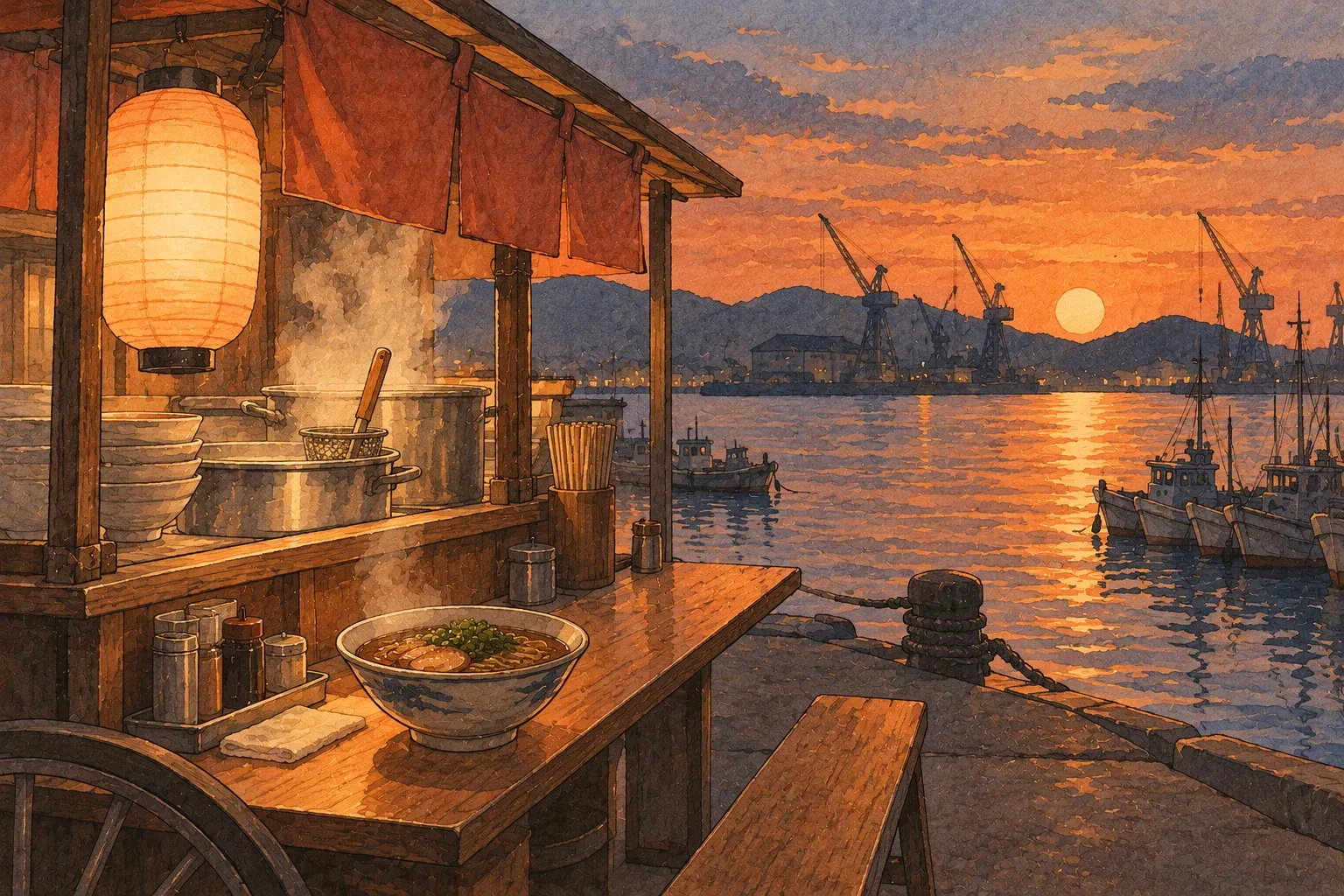 Illustration of a ramen stall by the harbour at sunset, a bowl on the counter, boats and cranes on the water