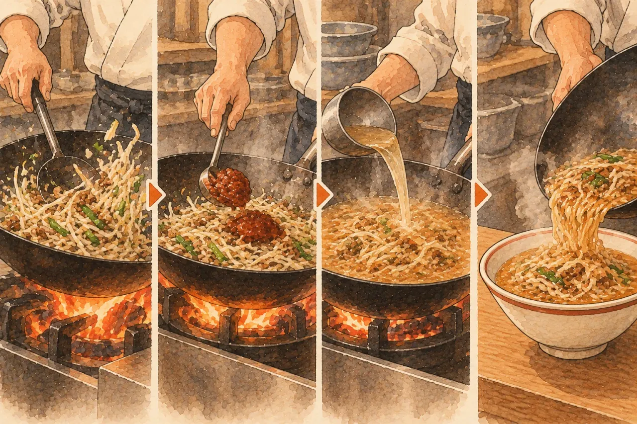 Four steps at the stove: bean sprouts tossed in a wok, miso added, broth poured in, and the soup poured over noodles in a bowl