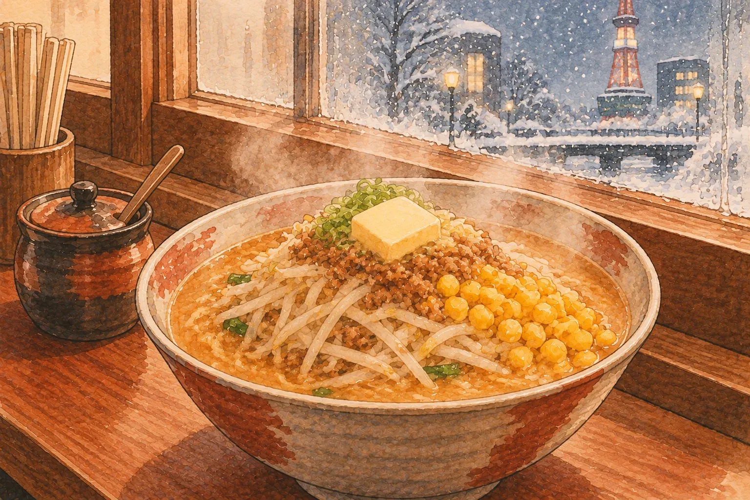 Illustration of a bowl of miso ramen with bean sprouts, corn, butter and minced pork, snow falling and the Sapporo TV Tower outside the window