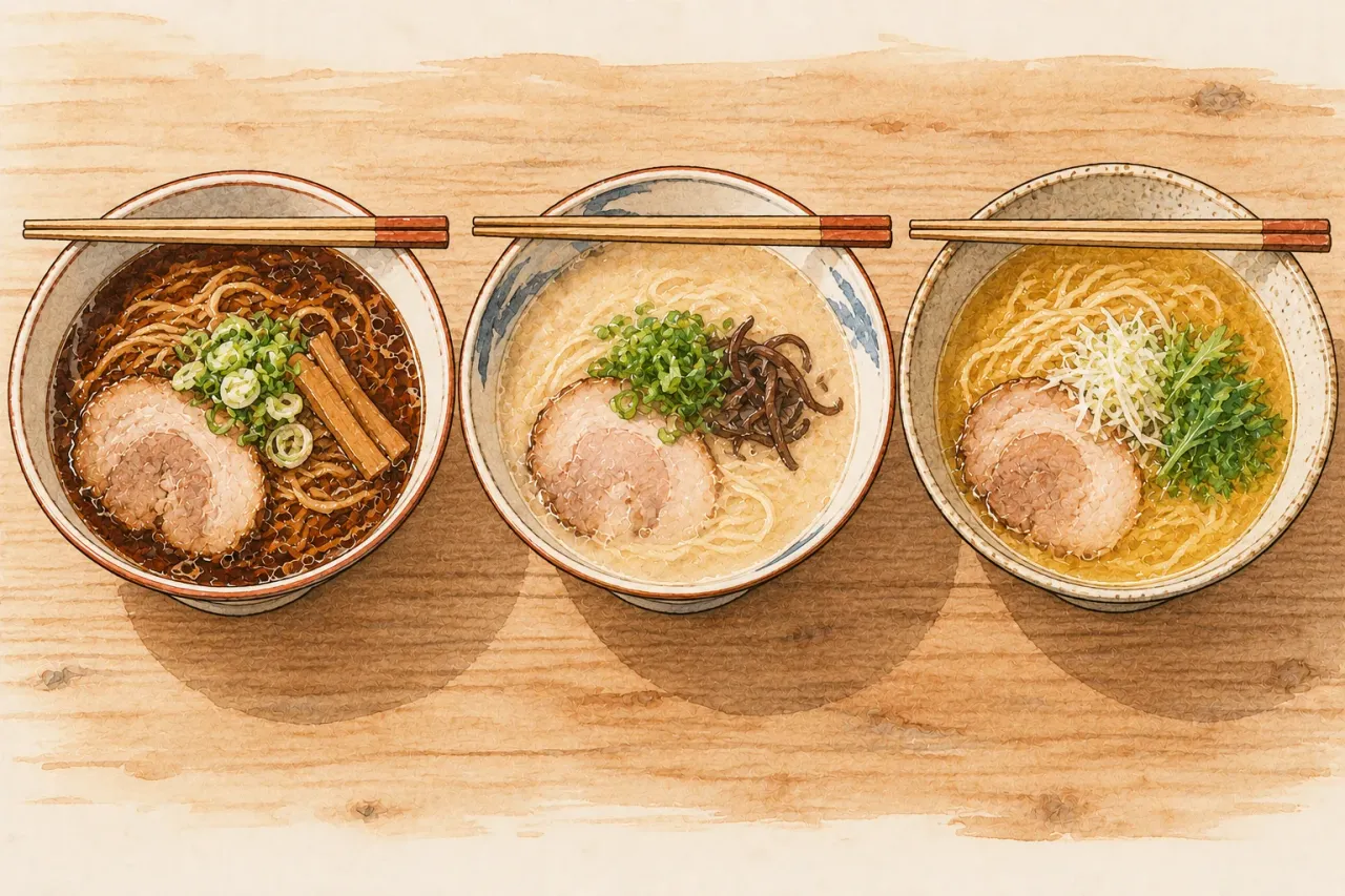 Three bowls of ramen in a row: brown, white and yellow soup