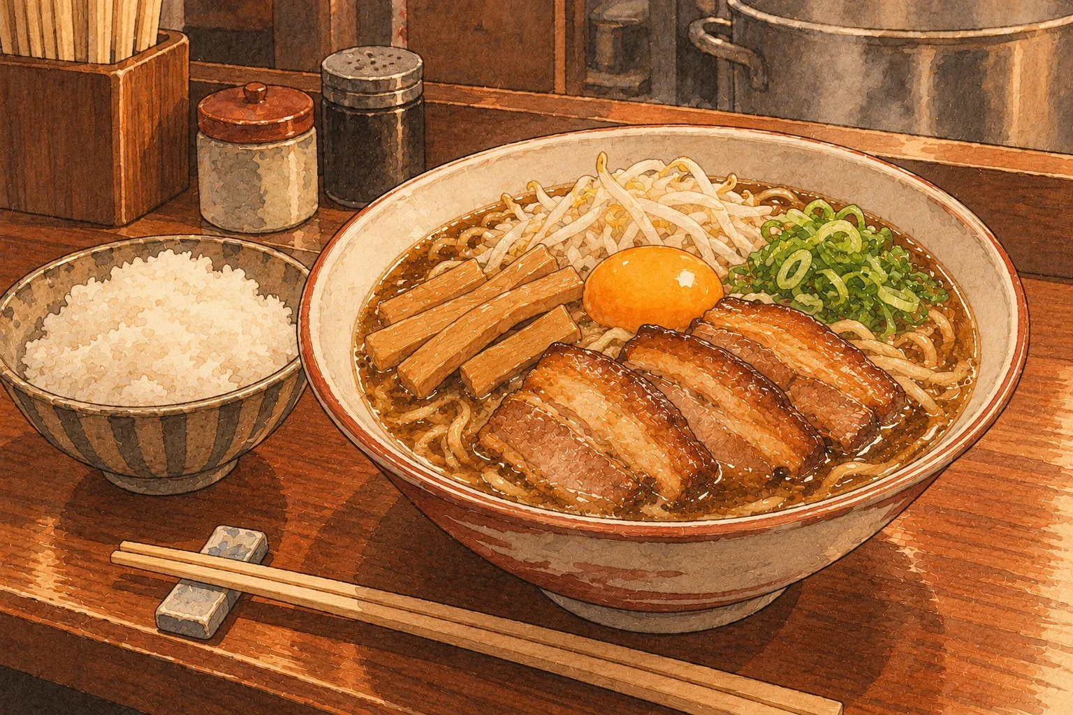 Illustration of a bowl of dark ramen with sweet pork belly, bean sprouts and a raw egg, a bowl of rice beside it