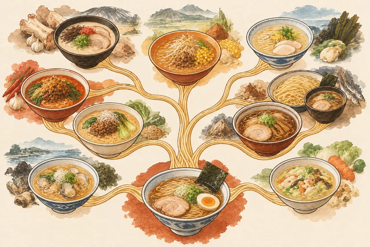 A tree of ramen bowls drawn with noodles as branches: a clear soy bowl at the root and many regional bowls above it