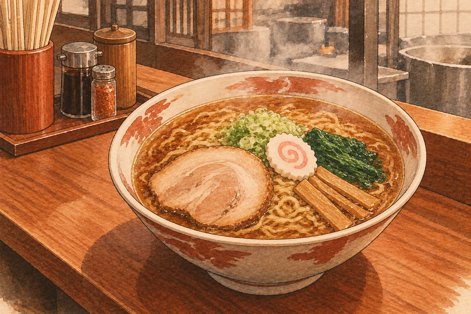Illustration of a bowl of Tokyo soy ramen with chashu, bamboo shoots, a naruto fish cake slice and spinach in a clear brown broth