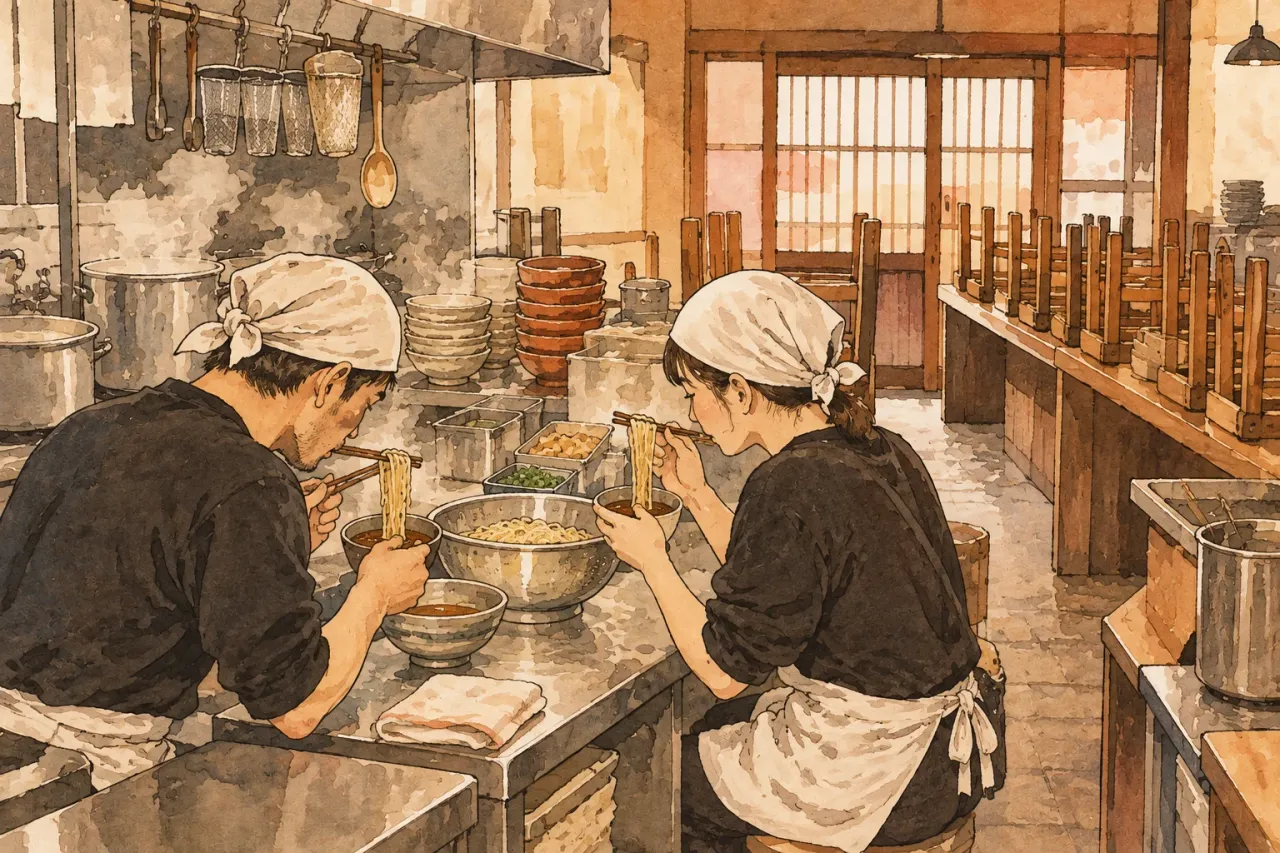 Two ramen shop staff in head scarves eating noodles dipped in small bowls of soup at the kitchen counter, the shop closed behind them