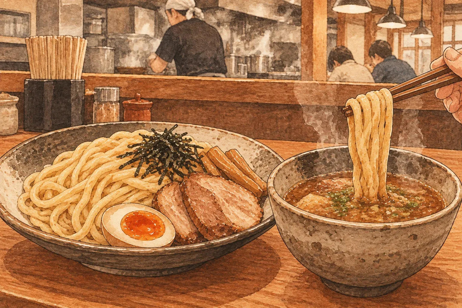 Illustration of a plate of thick noodles with chashu, egg and nori beside a bowl of hot dipping soup, noodles lifted into it with chopsticks at a ramen counter