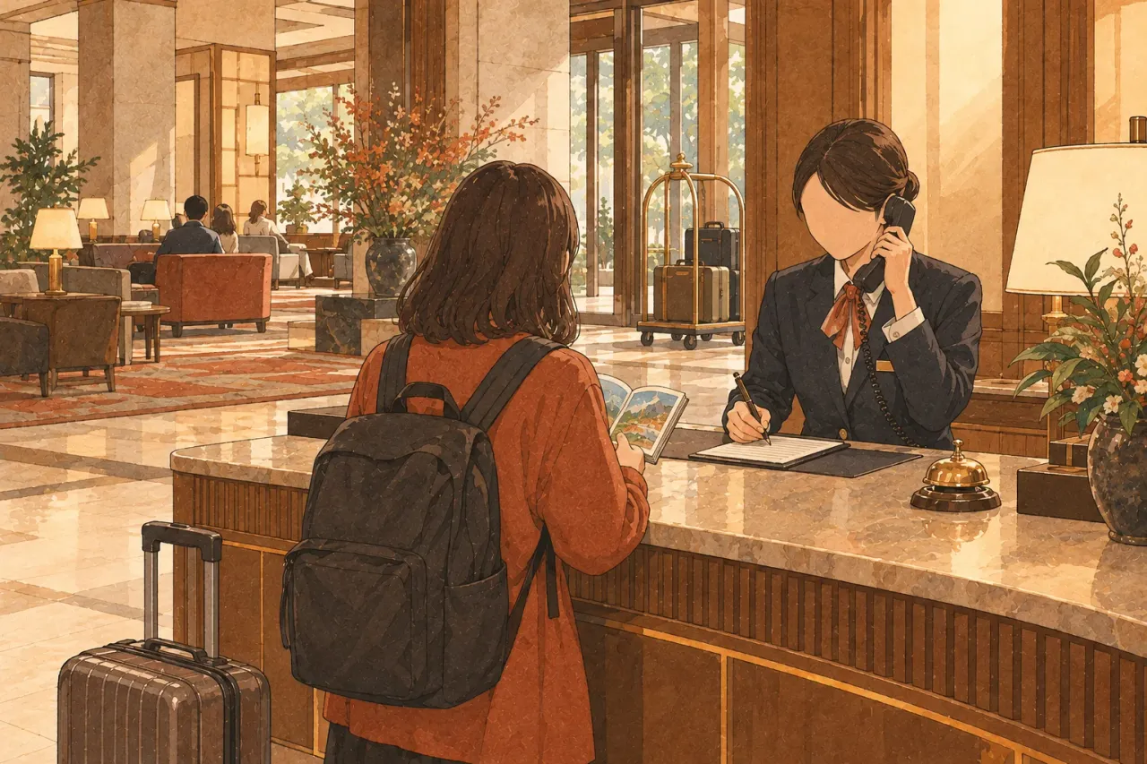 A traveller with a backpack at a hotel front desk while the clerk makes a phone call and writes notes