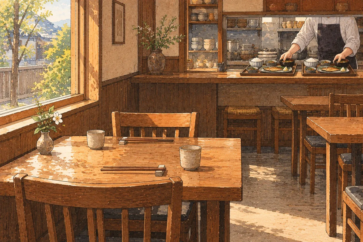 Illustration of a small restaurant with empty tables set for guests, the cook preparing at the counter