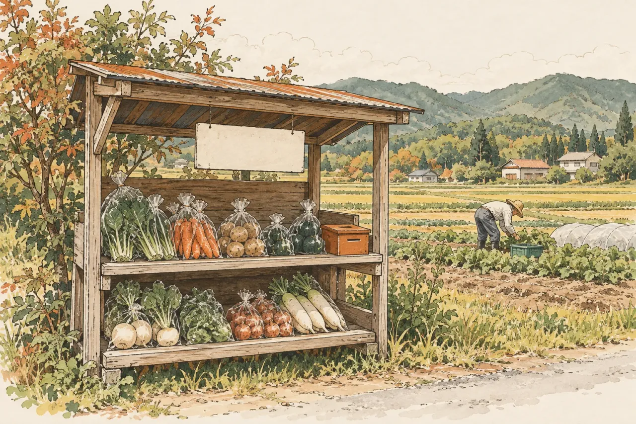 A small wooden farm stand by a road with bagged vegetables on its shelves and a box beside them, a farmer working in the field behind