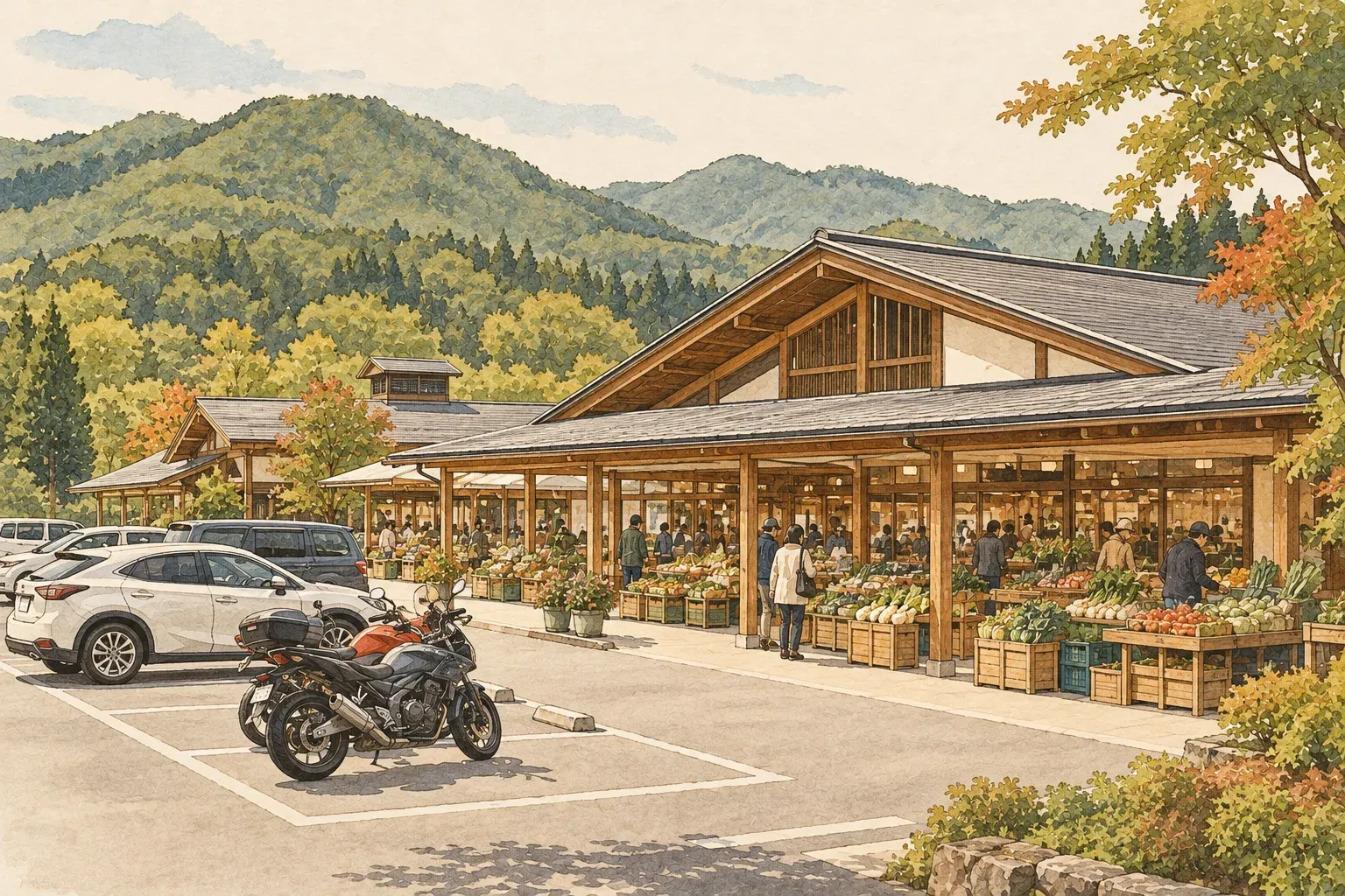 Illustration of a roadside station in the countryside: a wooden market hall with crates of vegetables outside, cars and motorbikes in the car park, wooded hills behind
