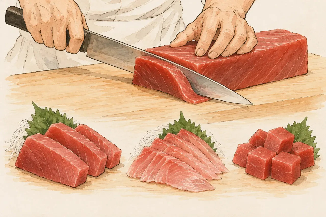 A knife drawn through a block of tuna, and three cuts laid below it: thick flat slices, thin slices and cubes