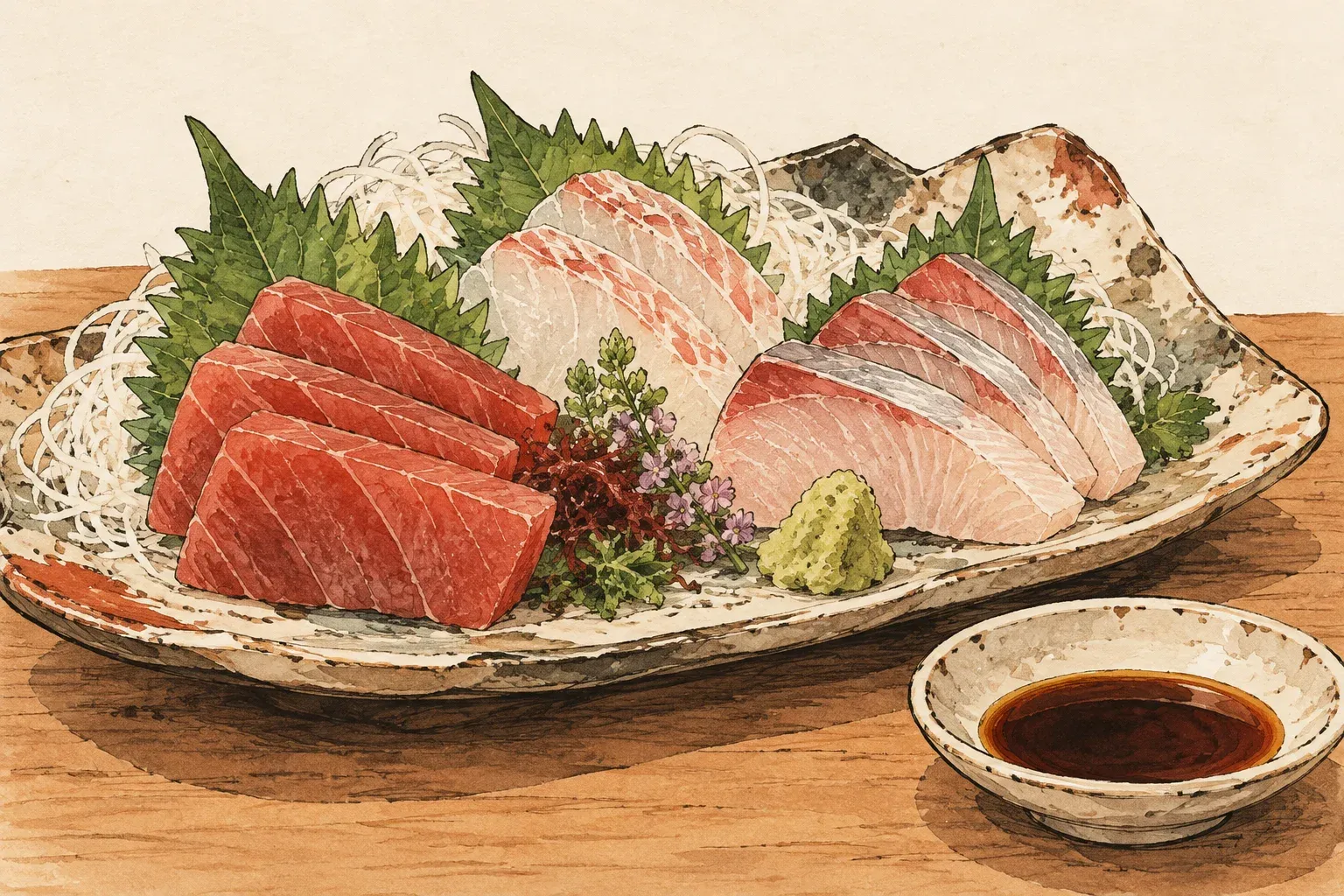 Illustration of a plate of sashimi on shiso leaves and shredded daikon, tuna, sea bream and yellowtail, with wasabi and soy sauce