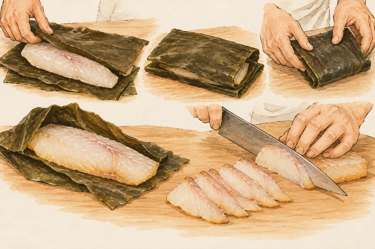 A white fish fillet laid on kombu, wrapped, then unwrapped and sliced, a little translucent at the edges