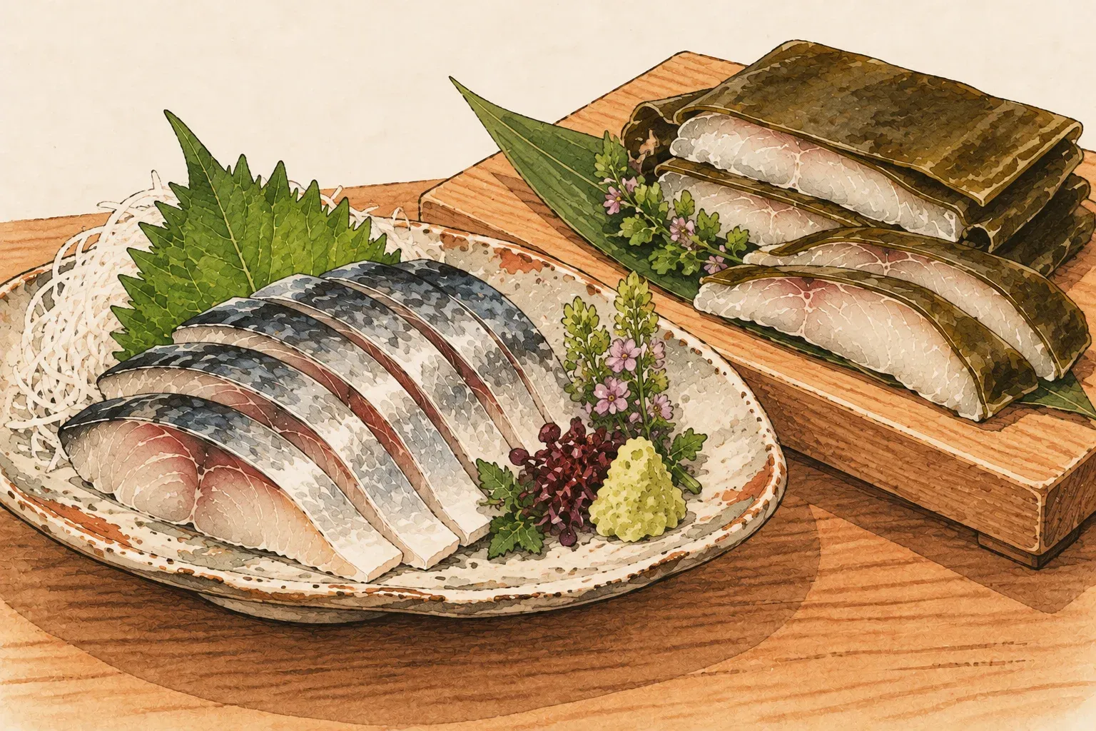 Illustration of sliced vinegar-cured mackerel on a plate, and white fish pressed between sheets of kombu on a board beside it