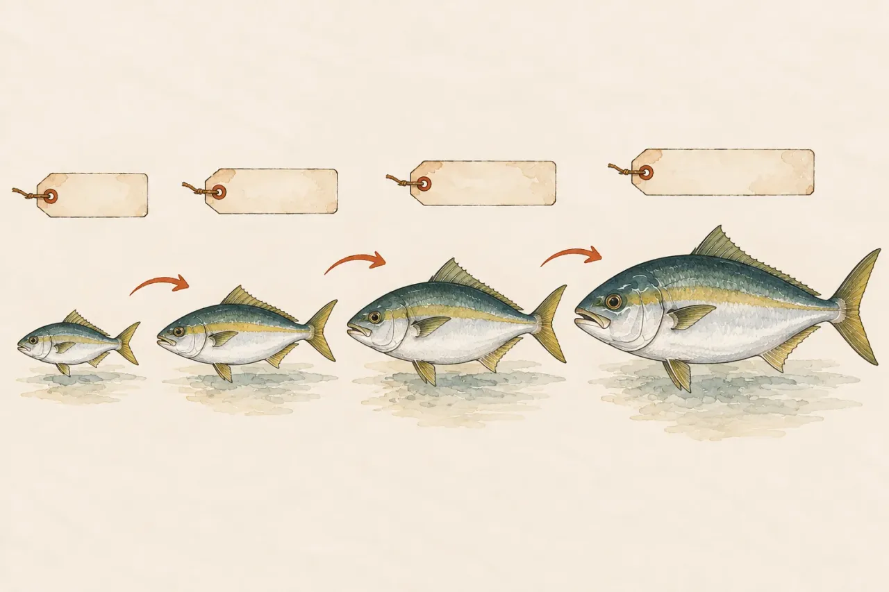 One fish drawn four times, growing from left to right, with a blank tag above each size