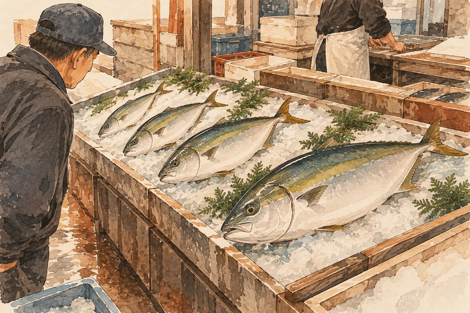 Illustration of yellowtail of four sizes laid on ice at a fish market, a buyer looking along the row