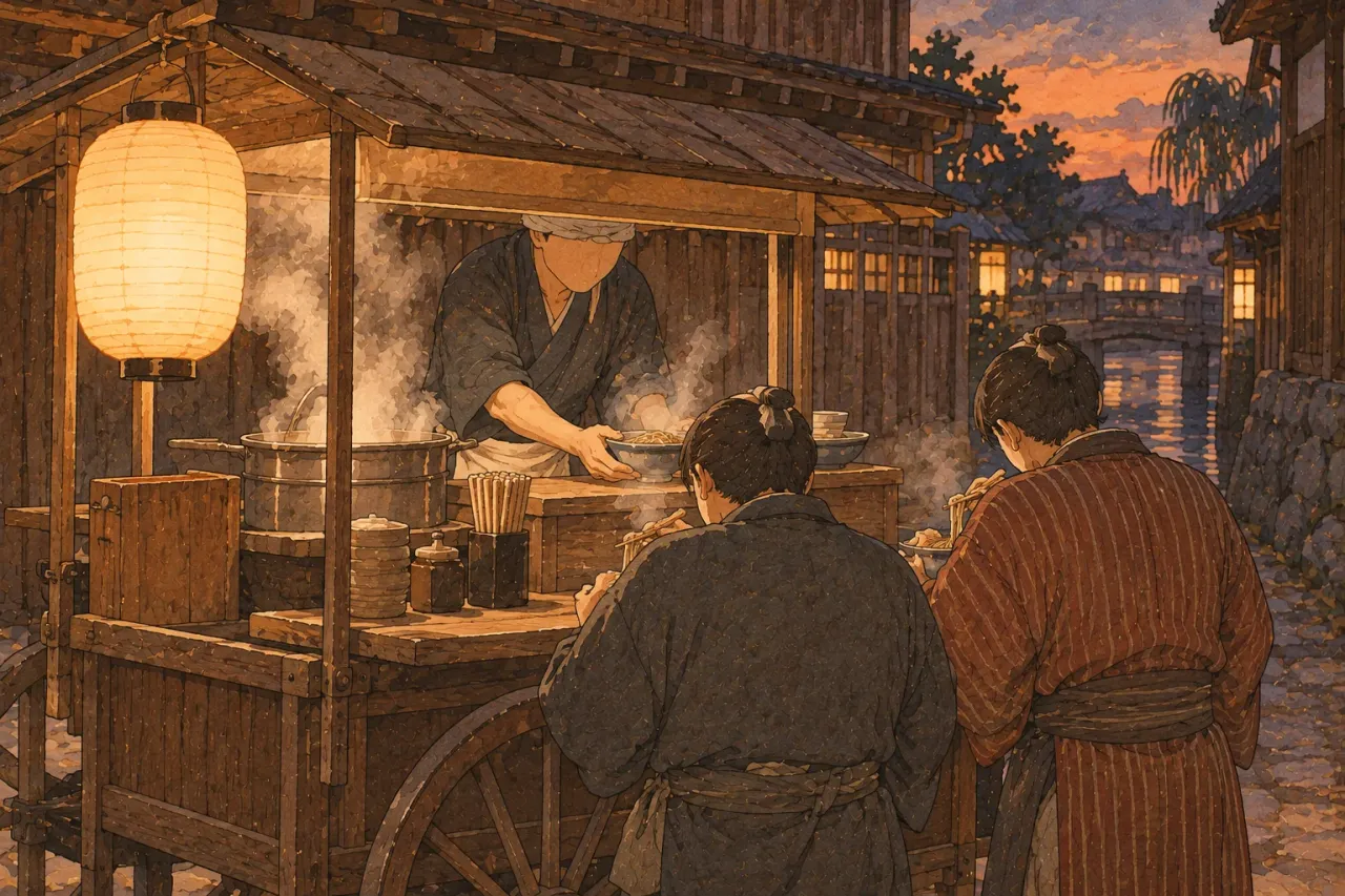 Two customers standing at a lantern-lit noodle stall by a canal in old Edo, the cook serving