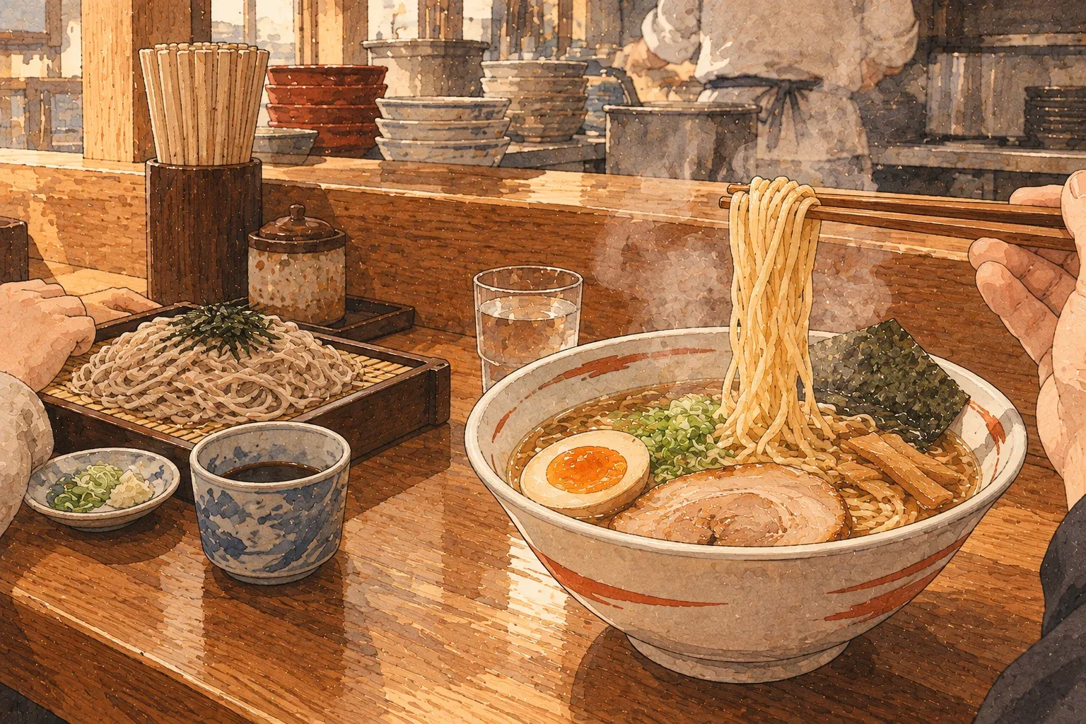 Illustration of a diner lifting ramen noodles with chopsticks at a counter, a tray of cold soba beside the bowl