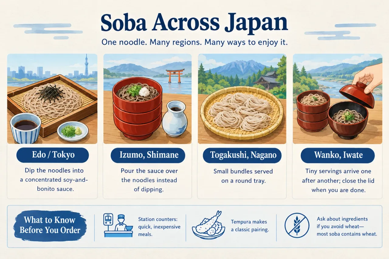 Four regional soba styles drawn side by side: Edo-style cold soba on a tray, Izumo soba in stacked red bowls, Togakushi bundles on a round basket, and Wanko soba in small lidded bowls