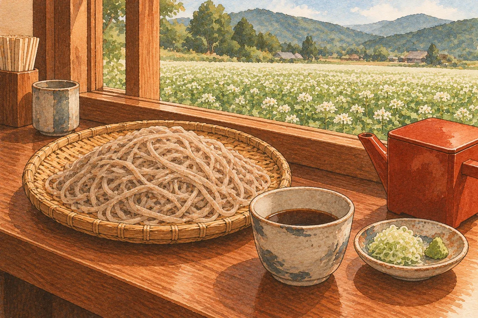 Illustration of a round bamboo tray of cold soba with dipping sauce, wasabi and green onion, and a red lacquer pot of soba-yu, a buckwheat field in flower outside