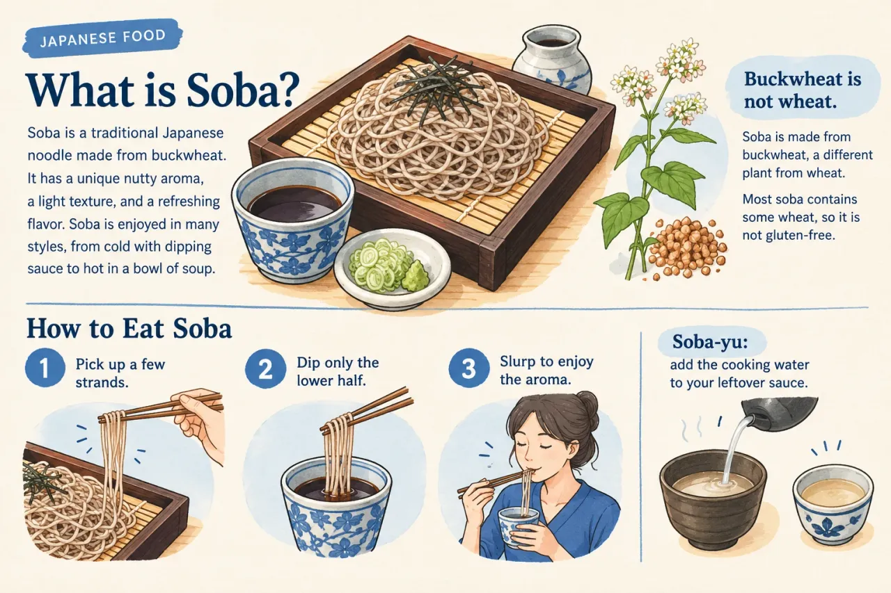 Illustrated guide to soba: a tray of cold buckwheat noodles with dipping sauce, a buckwheat plant, and three steps for eating it with chopsticks
