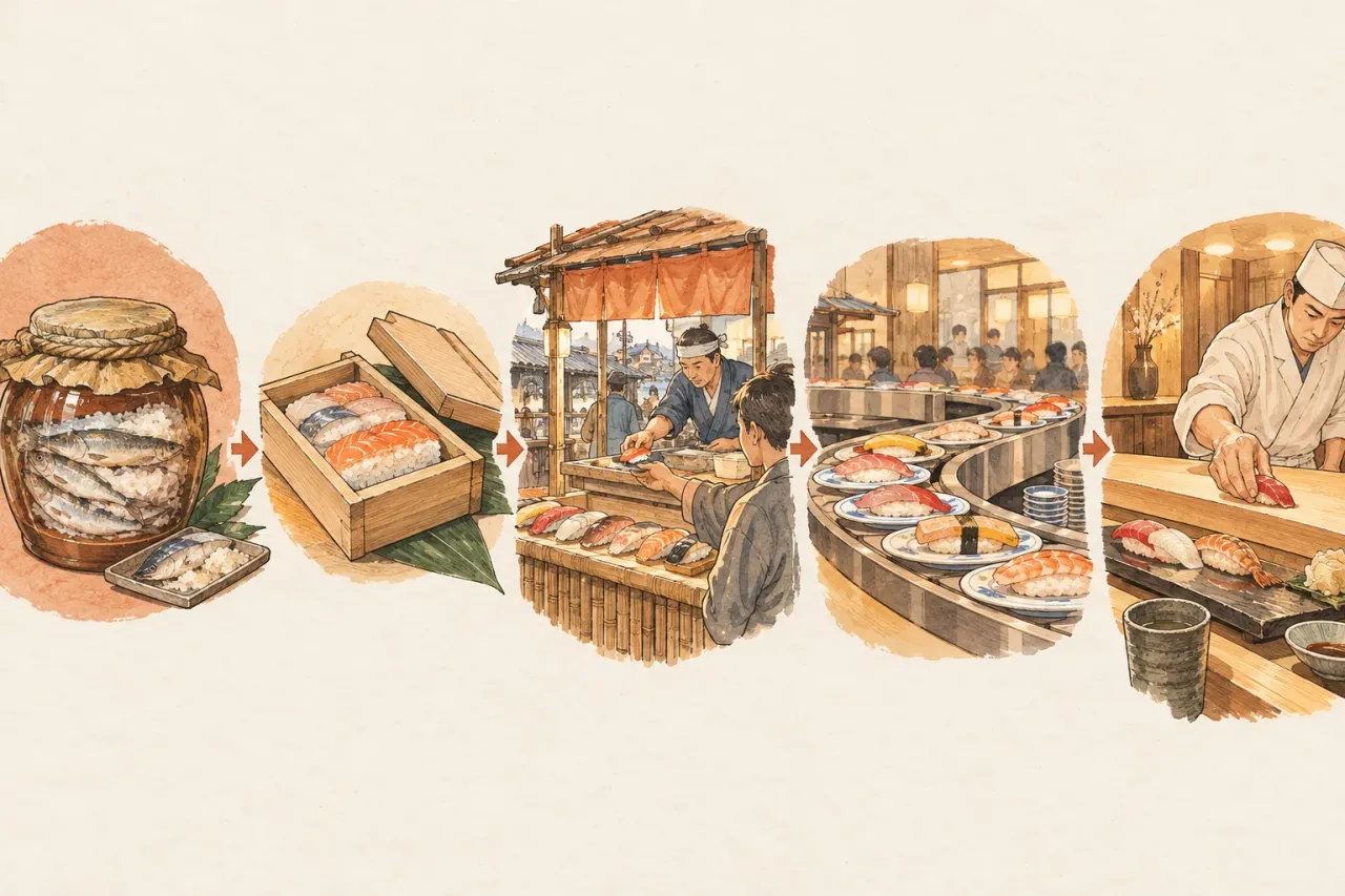 A row of scenes from left to right: fermented fish in a jar, a box of pressed sushi, a street stall selling nigiri, a conveyor belt, and a chef at a counter